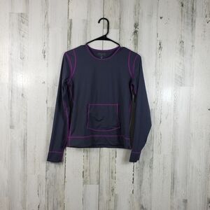 Athleta dark gray, purple active wear long sleeve shirt with hoodie pocket XS